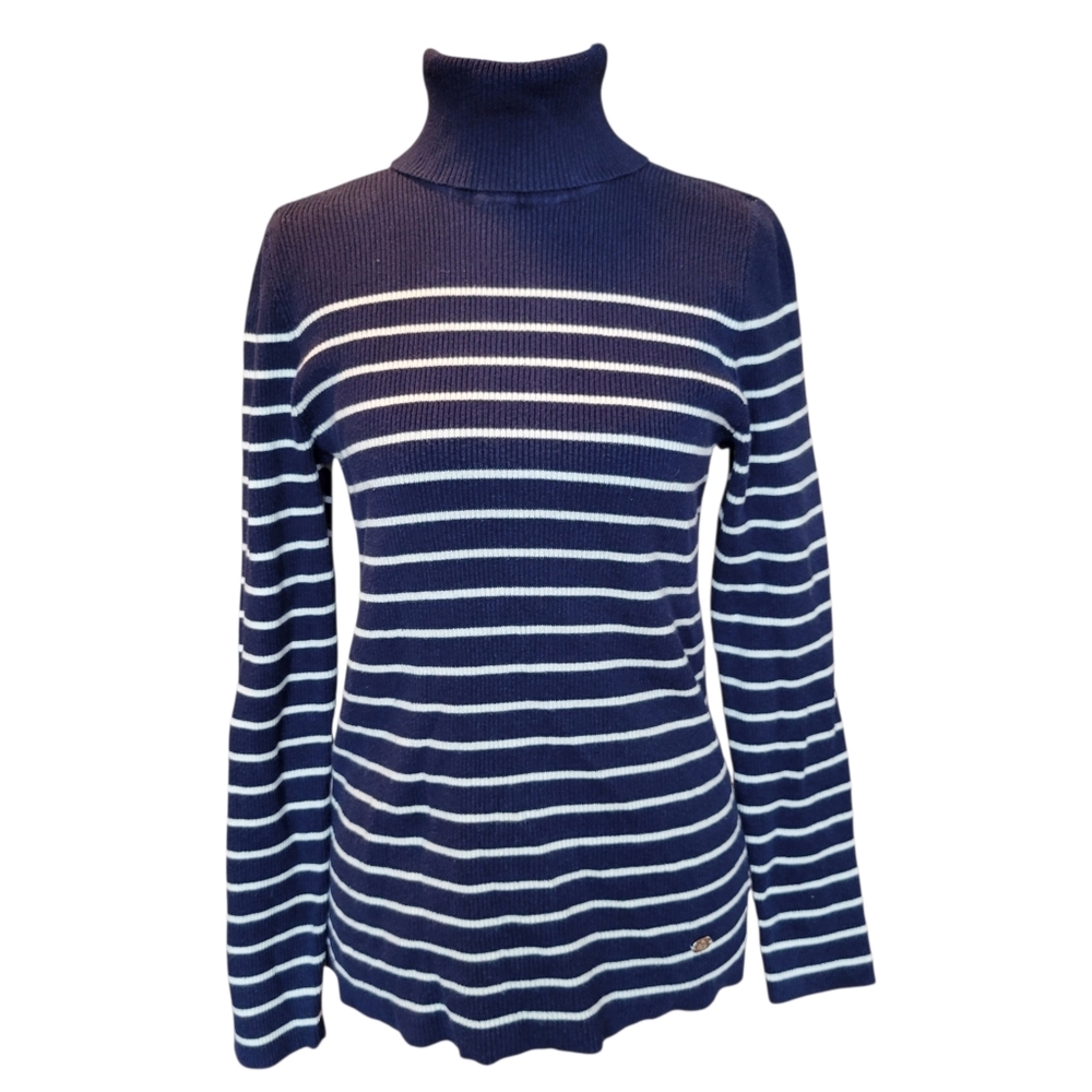 Lauren Ralph Lauren Navy Blue White Stripe Ribbed Knit Long Sleeve Turtleneck